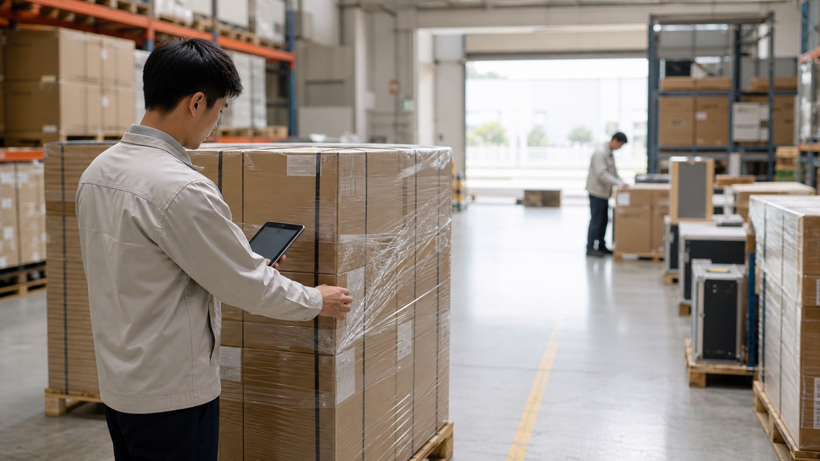Specialist checking palletised cargo prepared for shipment