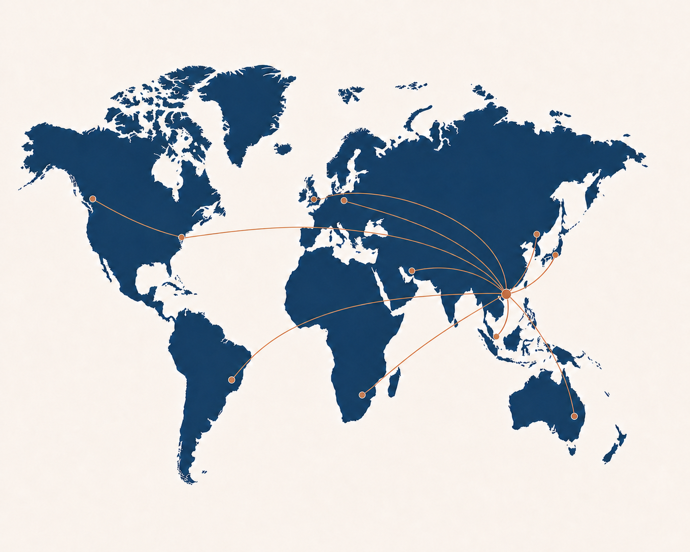 Complete world map with trade routes from Wupen's Hong Kong hub to major countries